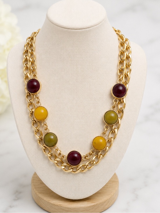 Jewelry - Gold Chain Necklace with Red and Yellow Stone Accents